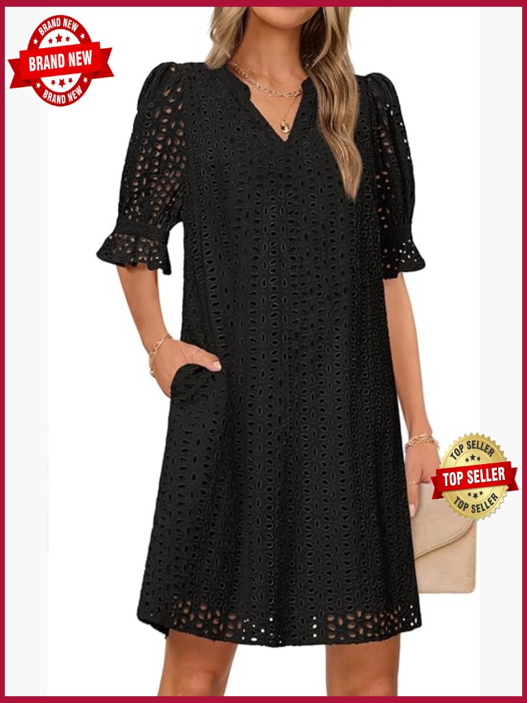 V Neck Eyelet Lace Mini Dress Short Sleeve Ruffle Summer Shift Dress